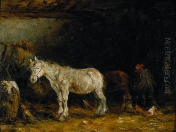 In The Stable Oil Painting by Constant Troyon