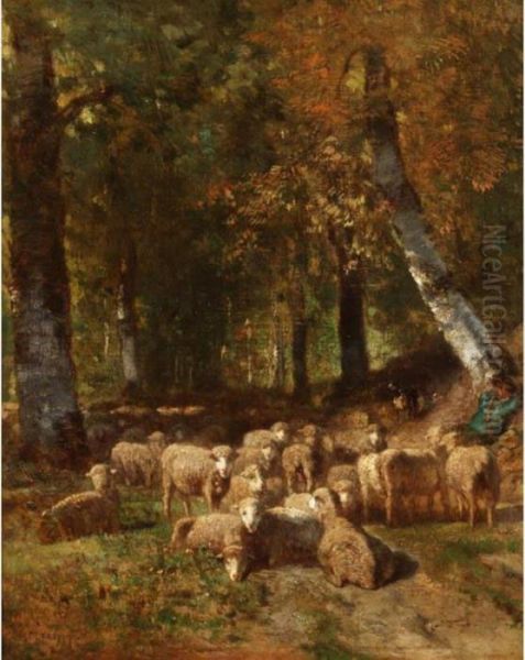 A Shepherd And His Sheep At Rest Oil Painting by Constant Troyon