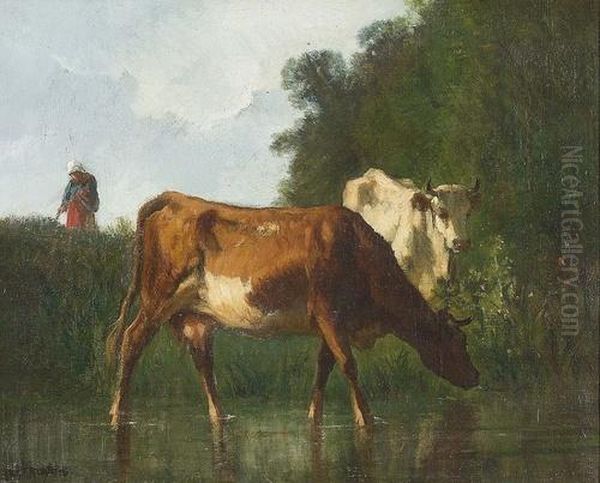 Bauerin Mit Kuhen Auf Einer Wiese. Oil Painting by Constant Troyon