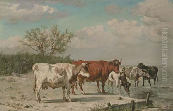 Vaches S'abrevant Oil Painting by Constant Troyon