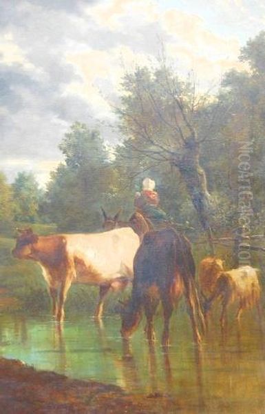 Woman & Child Riding A Donkey Past A Woodland Stream With Cattle Oil Painting by Constant Troyon