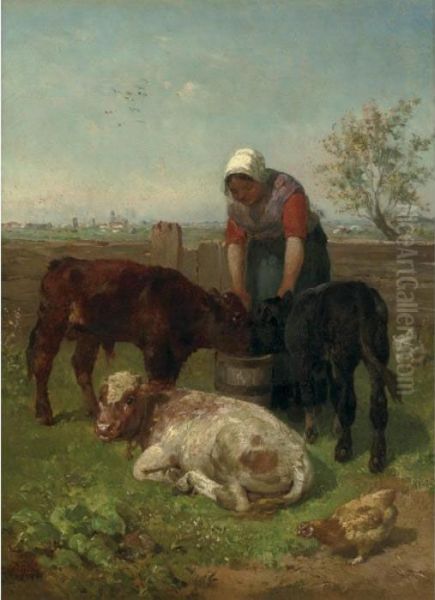 Milkmaid With Cattle At Pasture Oil Painting by Constant Troyon