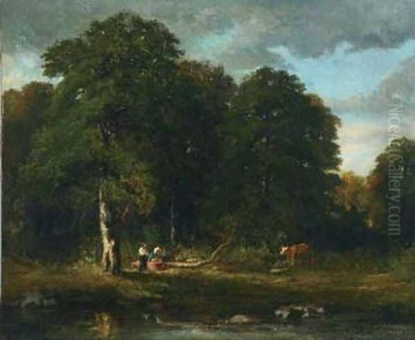 Wooded Landscape With Figures By A Pool Oil Painting by Constant Troyon