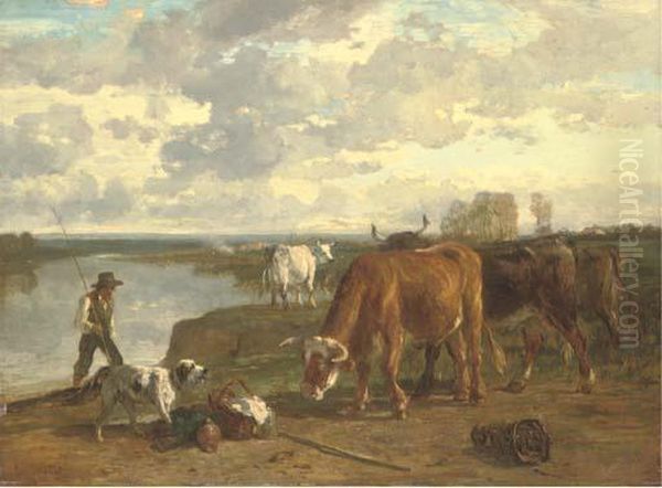 Cattle And A Shepherd Oil Painting by Constant Troyon