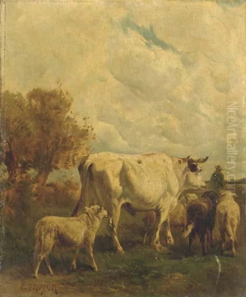 A Herder With His Cattle In A Landscape Oil Painting by Constant Troyon