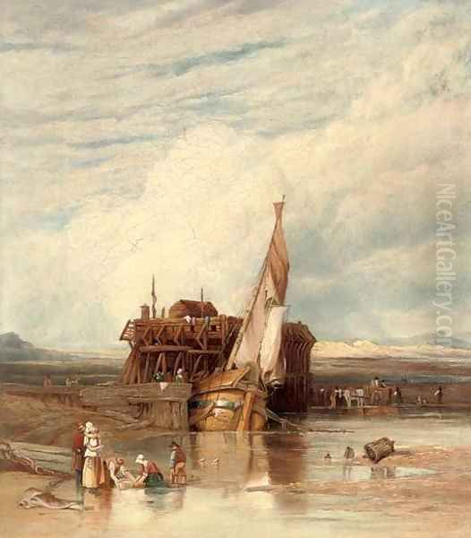 A boat moored with figures in the foreground, Fort Rouge, Calais Oil Painting by William Clarkson Stanfield