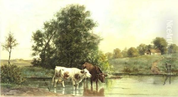 Cattle Watering Oil Painting by Constant Troyon