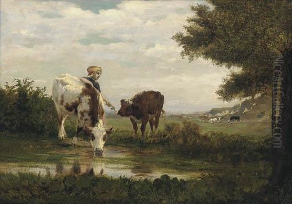 Watering Cattle In Pasture Oil Painting by Constant Troyon