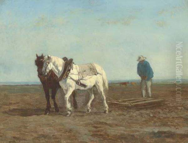 Deux Chevaux Atteles A Une Herse, Conduits Par Un Paysan Oil Painting by Constant Troyon