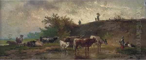 Herders Watering Their Cattle Oil Painting by Constant Troyon