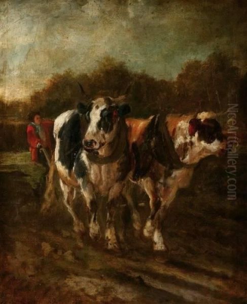 Constant Troyon . Two Cows And A Ploughman Oil Painting by Constant Troyon