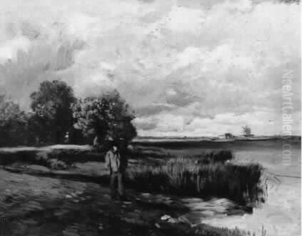 Promeneur Pres D'un Etang Huile Sur Panneau Porte Le Timbre De La Vente En Bas A Gauche Oil Painting by Constant Troyon