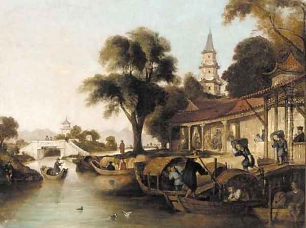 An oriental waterway scene with figures loading sacks onto punts Oil Painting by Anglo-Chinese School