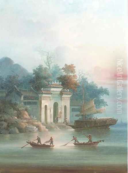 Boats infront of a temple; and another similar Oil Painting by Anglo-Chinese School