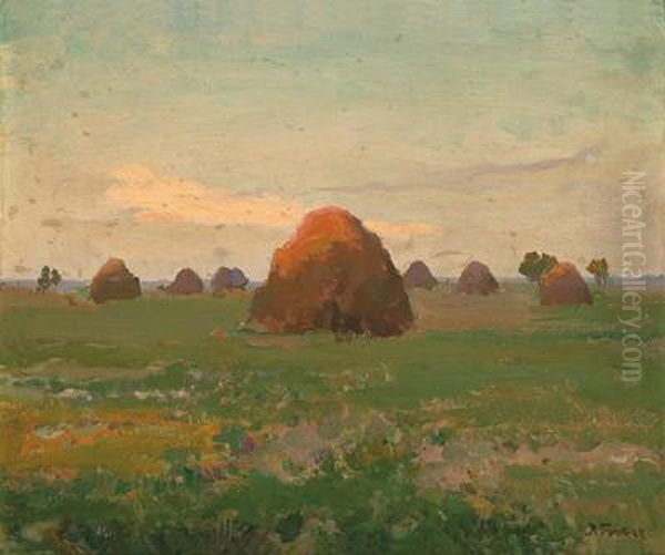 Hayricks In An Open Landscape Oil Painting by Iwan Trusz