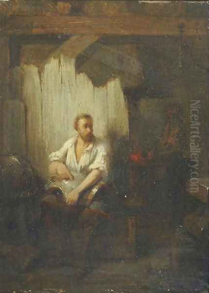 A blacksmith polishing armour in his workshop Oil Painting by Hendricus Johannes Scheeres