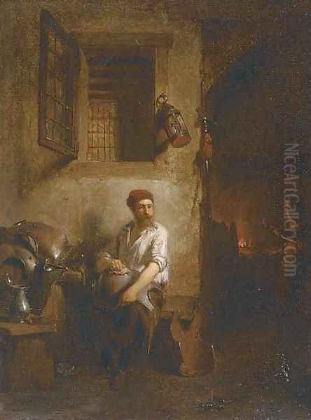 Polishing armour at the blacksmith's forge Oil Painting by Hendricus Johannes Scheeres