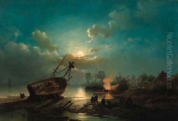 A fire on the shore in moonlight Oil Painting by Henry Adolphe Schaep