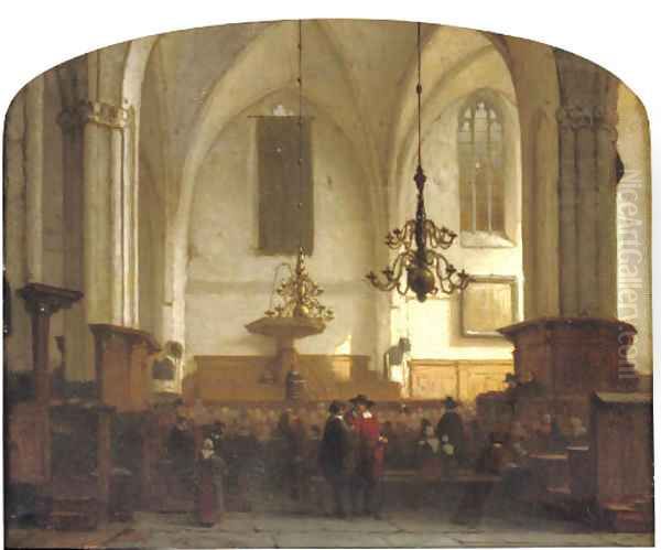 In de Buurkerk te Utrecht a service in a sunlit church Oil Painting by Jan Jacob Schenkel