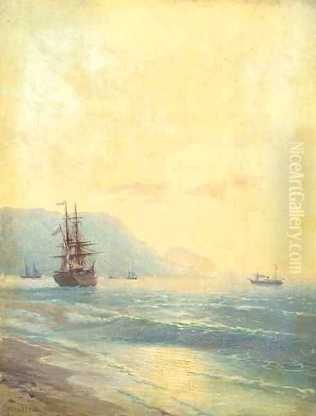 Russian ship anchored in a Crimean bay Oil Painting by Rufin Gavrilovich Sudkovskii