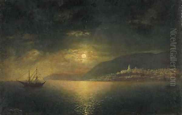 Coastal City with Shipping by Moonlight Oil Painting by Rufin Gavrilovich Sudkovskii