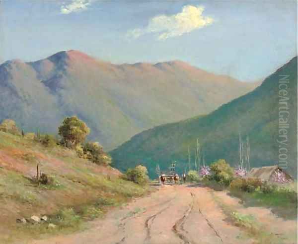 Cattle drawing a cart along a track, an extensive landscape beyond, thought to be Argentina Oil Painting by South American School