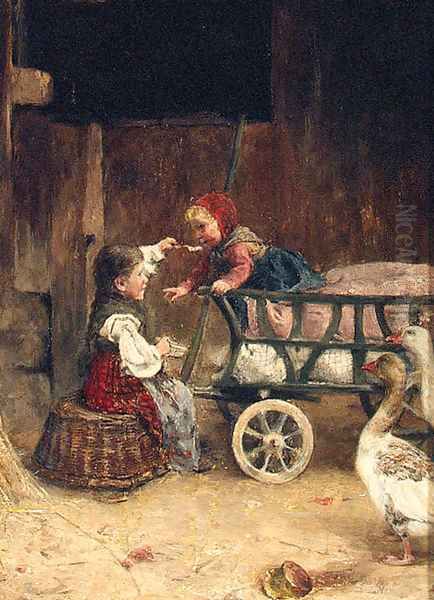 Feeding The Baby Oil Painting by Theodor Gustav Ernst Schmidt