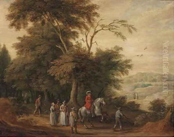 A wooded landscape with a cavalryman and other figures on a track Oil Painting by Adriaen Van Stalbemt