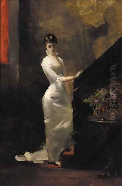 A lady in a white dress at the foot of the stairs Oil Painting by Alfred Stevens