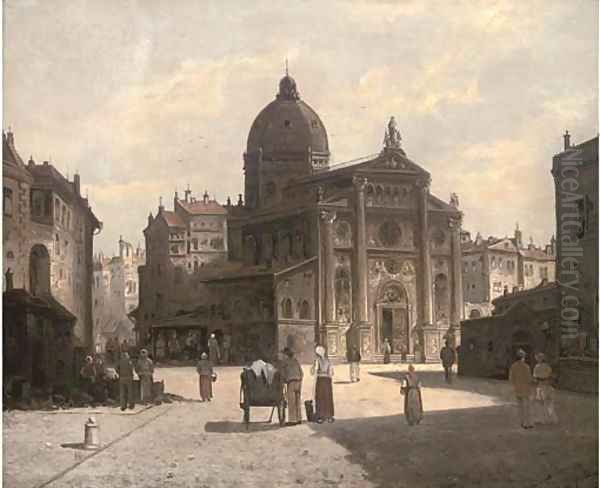 A Northern Italian town square Oil Painting by August von Siegen