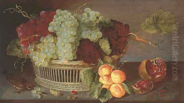 Grapes in a basket, a pomegranate, a bunch of apricots and a sparrow on on a ledge Oil Painting by Isaak Soreau