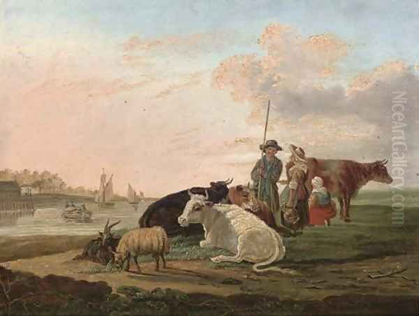 A landscape with a drover, his family and cattle Oil Painting by Jacob Van Stry