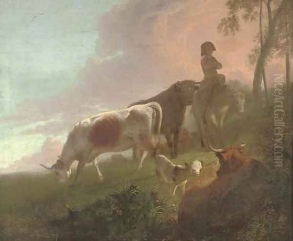 A landscape with a mounted drover and his cattle at twilight Oil Painting by Jacob Van Stry