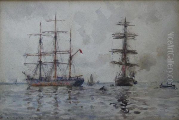 Vessels Becalmed Oil Painting by Henry Scott Tuke