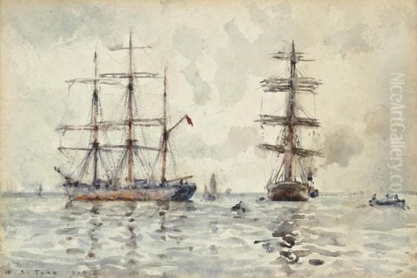 Windjammers At Anchor In A Calm Oil Painting by Henry Scott Tuke