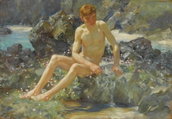 Nude On The Rocks Oil Painting by Henry Scott Tuke