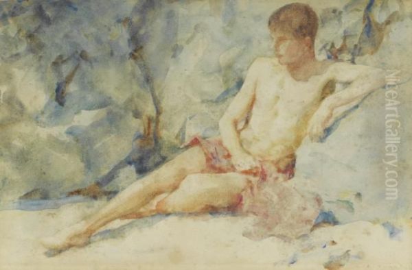 Boy Against Rock Oil Painting by Henry Scott Tuke