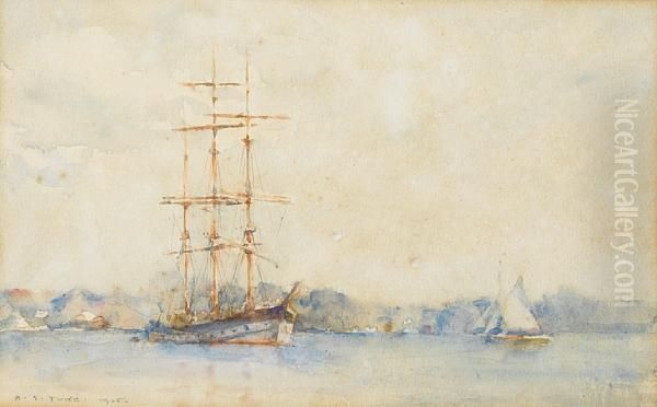 A Three-masted Barque In An Estuary Oil Painting by Henry Scott Tuke