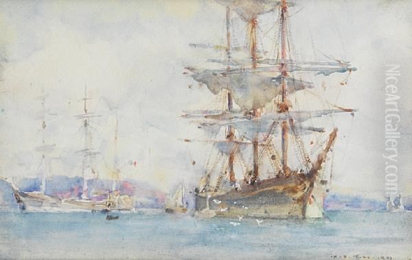 Windjammers Lying On Their Moorings As Theywait For Cargo In Falmouth Oil Painting by Henry Scott Tuke