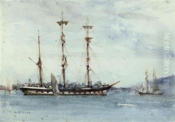 A Windjammer At Anchor In The Harbour At Falmouth Oil Painting by Henry Scott Tuke