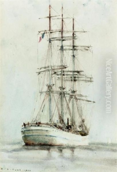 A French Windjammer Lying At Anchor Oil Painting by Henry Scott Tuke