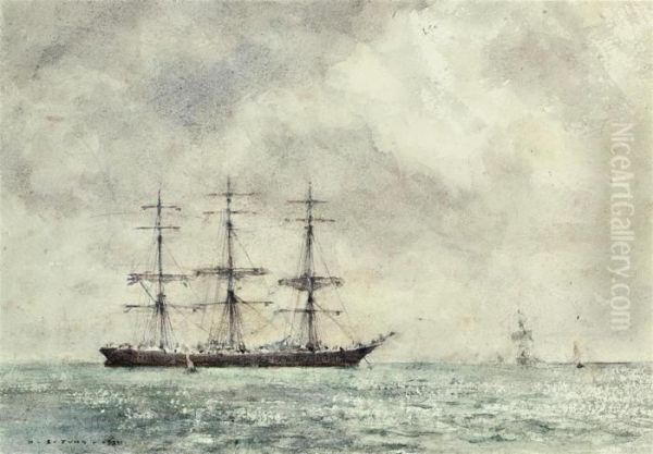 A Windjammer At Anchor With The Sun Breaking Through Theclouds Oil Painting by Henry Scott Tuke