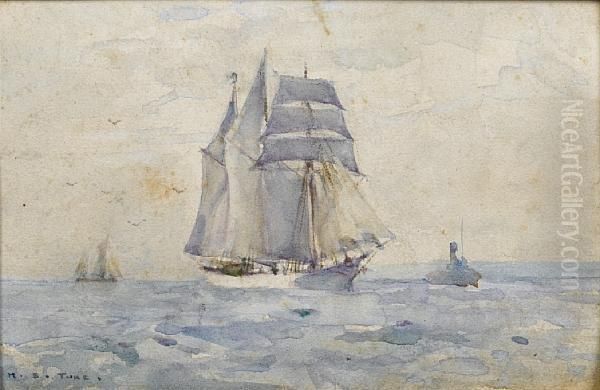 A Three-masted Topsail Schooner Heading Intoport With A Tug Oil Painting by Henry Scott Tuke