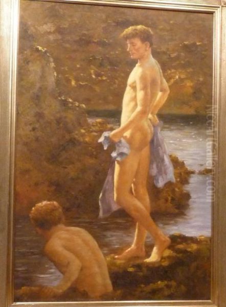 Two Young Gents Bathing Oil Painting by Henry Scott Tuke