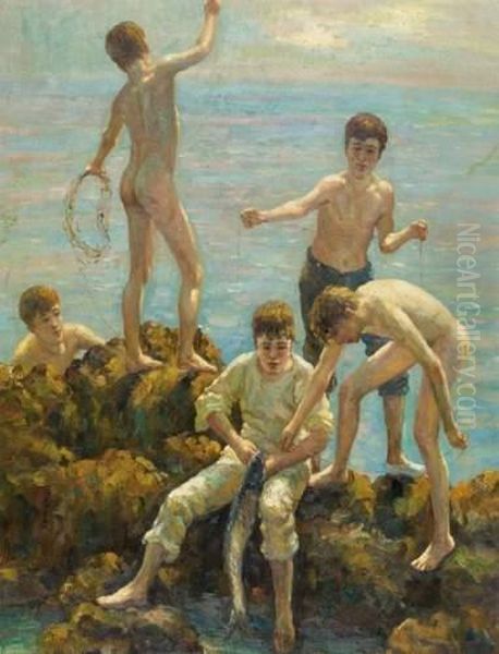 Les Enfants Et La Partie De Peche Oil Painting by Henry Scott Tuke