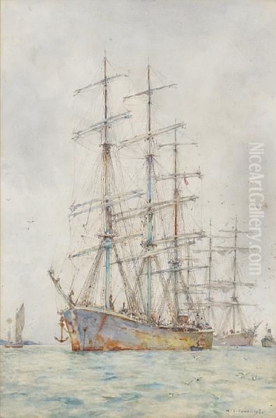 Windjammers At Anchor Oil Painting by Henry Scott Tuke