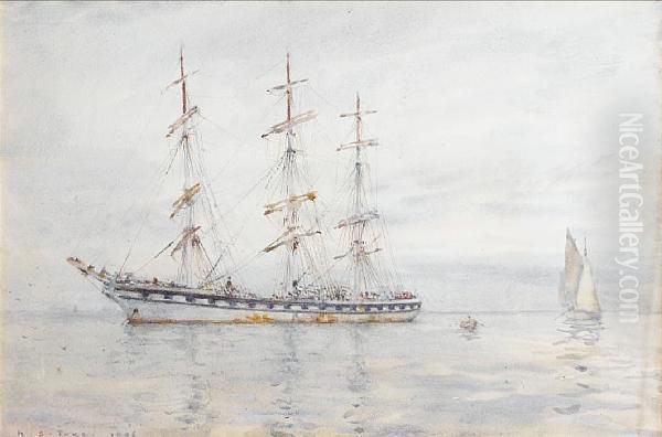 A Three-masted Windjammer Lying At Anchor Inthe Carrick Roads Oil Painting by Henry Scott Tuke