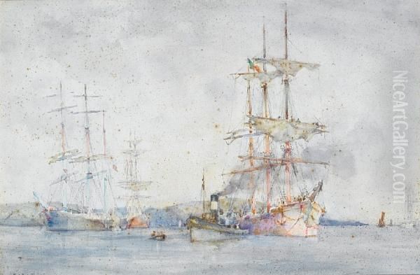 Italian Barque Being Towed To 
Moorings In Thecarrick Roads (towing Into Falmouth Harbour) Oil Painting by Henry Scott Tuke