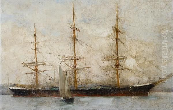 A Three-masted Ship At Anchor Oil Painting by Henry Scott Tuke