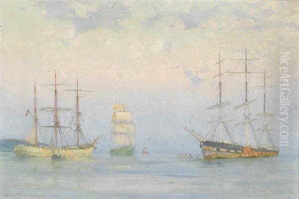 Shipping At Anchor, Carrick Roads Oil Painting by Henry Scott Tuke